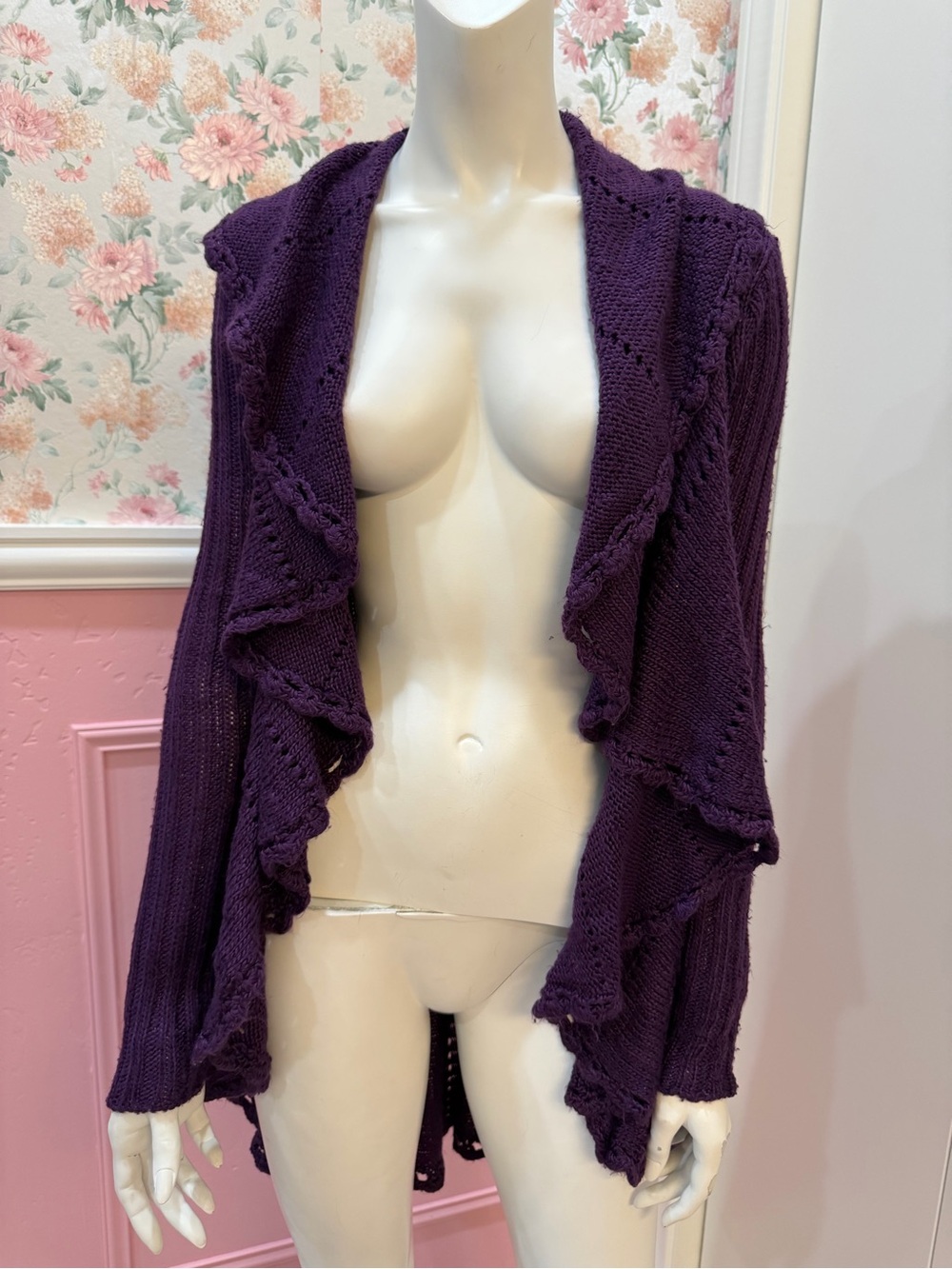 Y2K Purple Ruffle-Front Open Cardigan Sweater